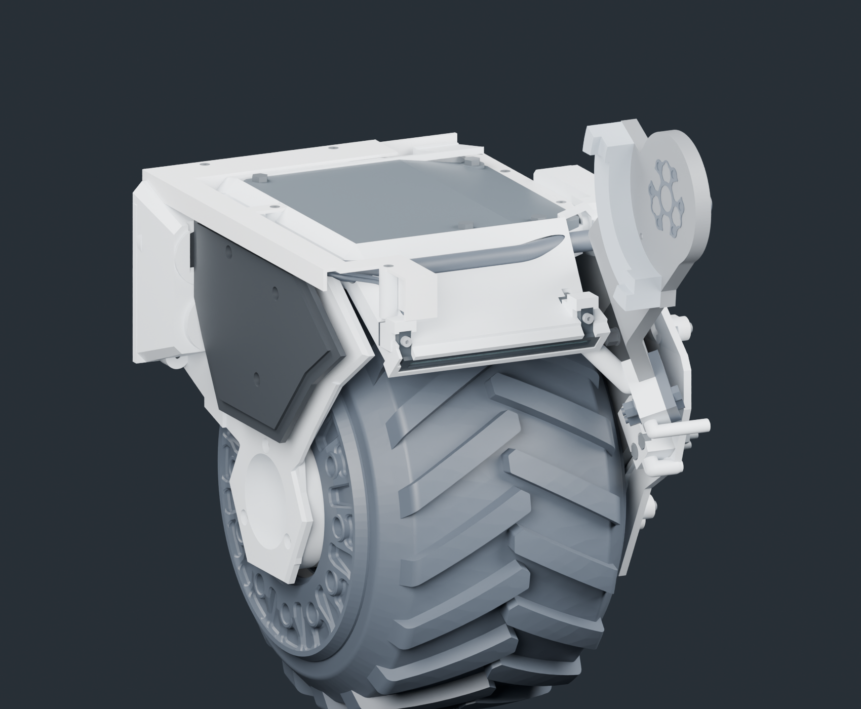 Candidate 193 CAD study: rear lighting and the refined outer panel follow the fender profile. This is a work-in-progress render, not a completed robot revision.