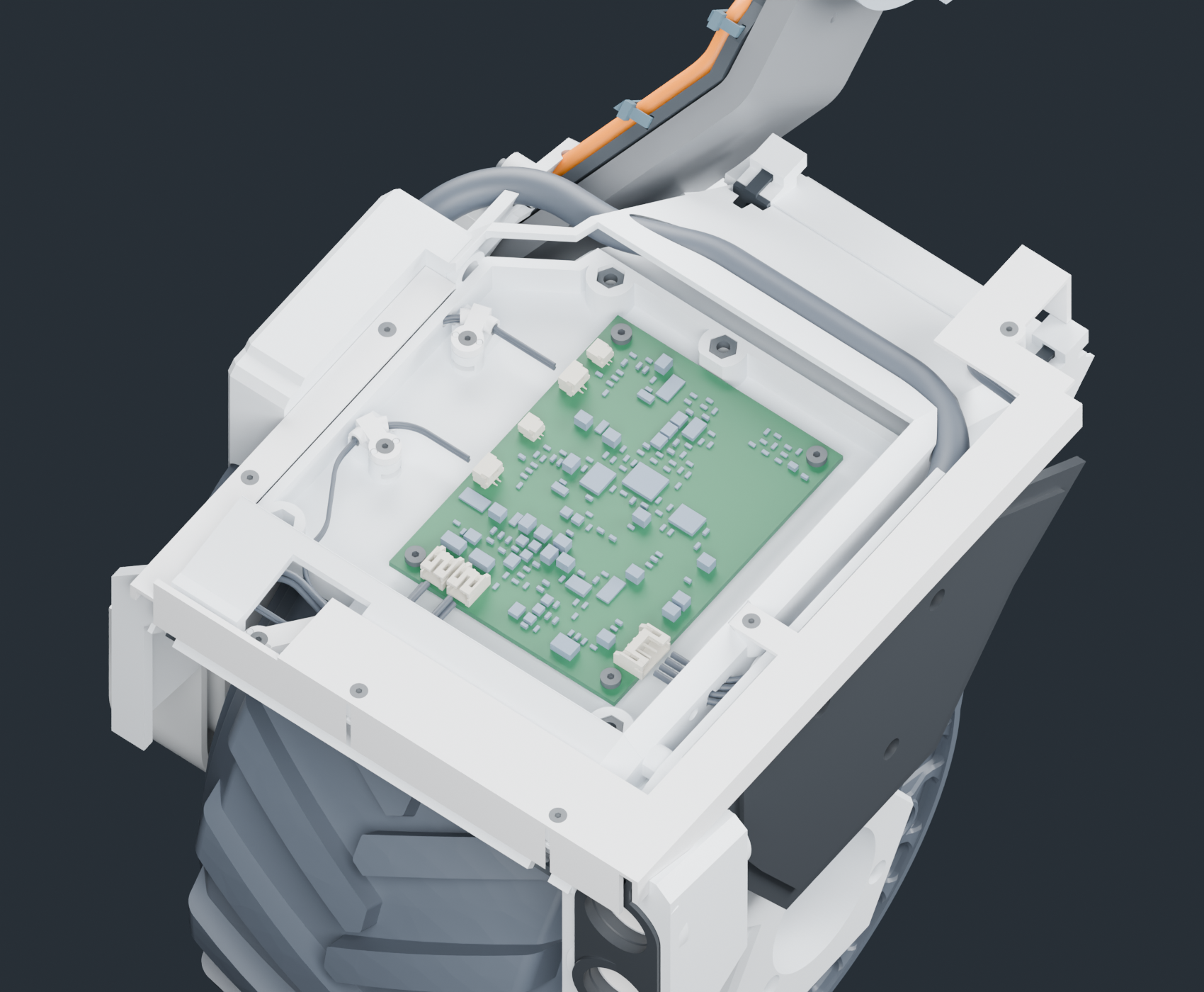 Candidate 193 inspection render with the lid and lid bolts hidden. Nominal PCB/component and wire reservations show packaging intent; missing component models, complete service access and physical fit remain open.