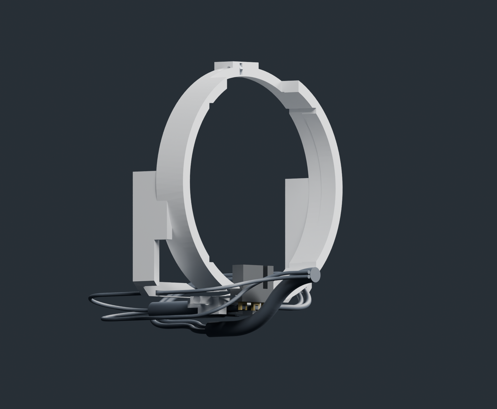 Candidate 193 isolated CAD inspection: neighboring robot structure is hidden to show the guide and retained actuator leads. This is not an achieved service state or a qualified cable assembly.