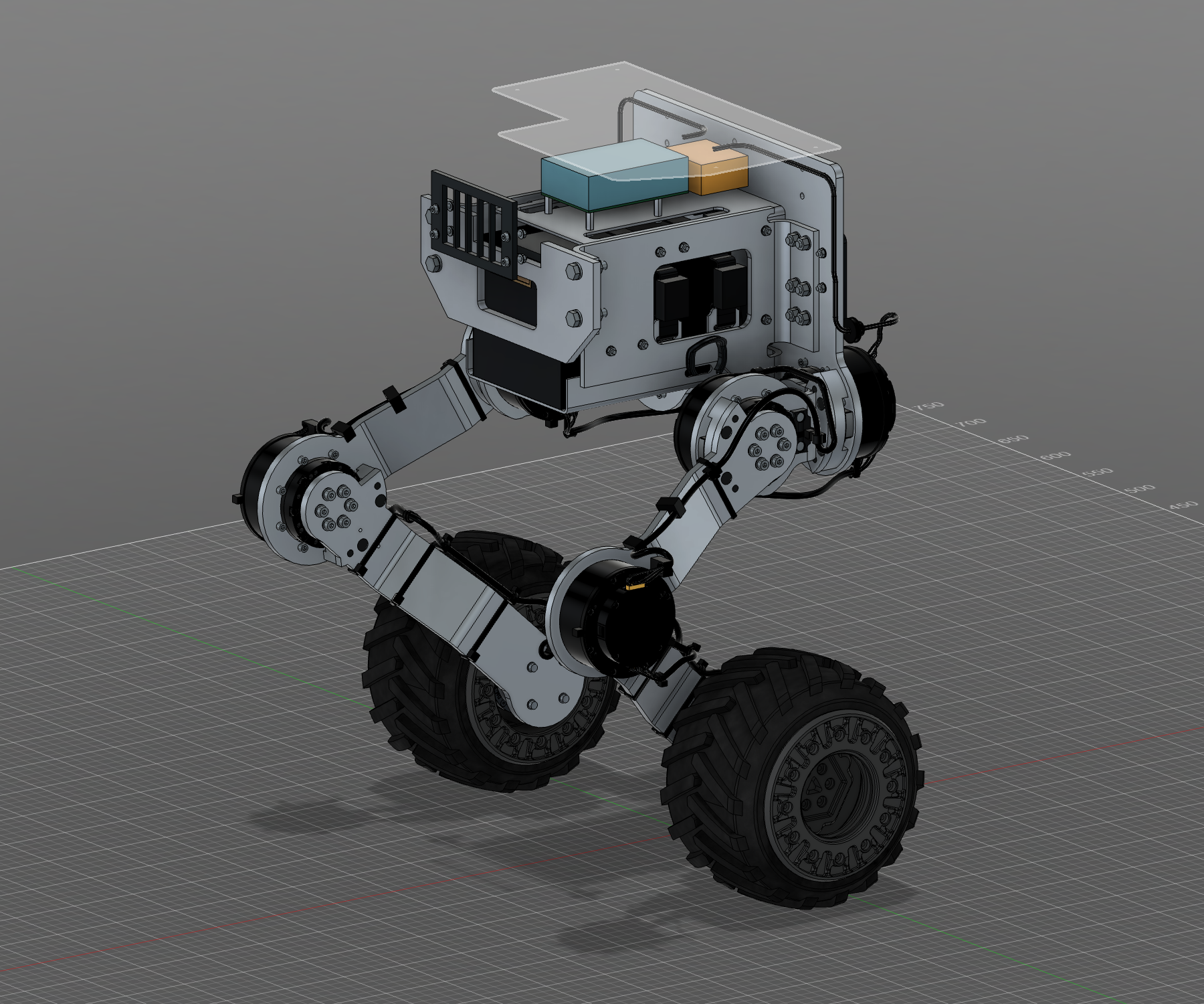 R9 internal aluminum chassis, hip actuators, custom battery, and wiring with the covers hidden