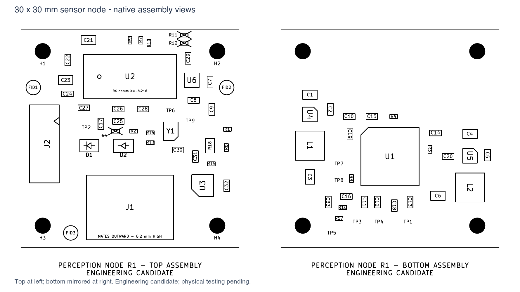 Top and mirrored bottom native assembly drawings of the 30 × 30 mm perception-node engineering candidate.