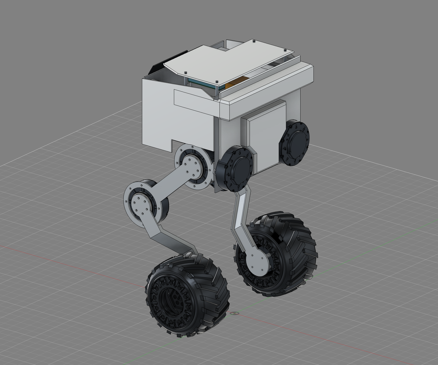 The first native Fusion assembly with its actuator layout, articulated legs, and rover wheels.
