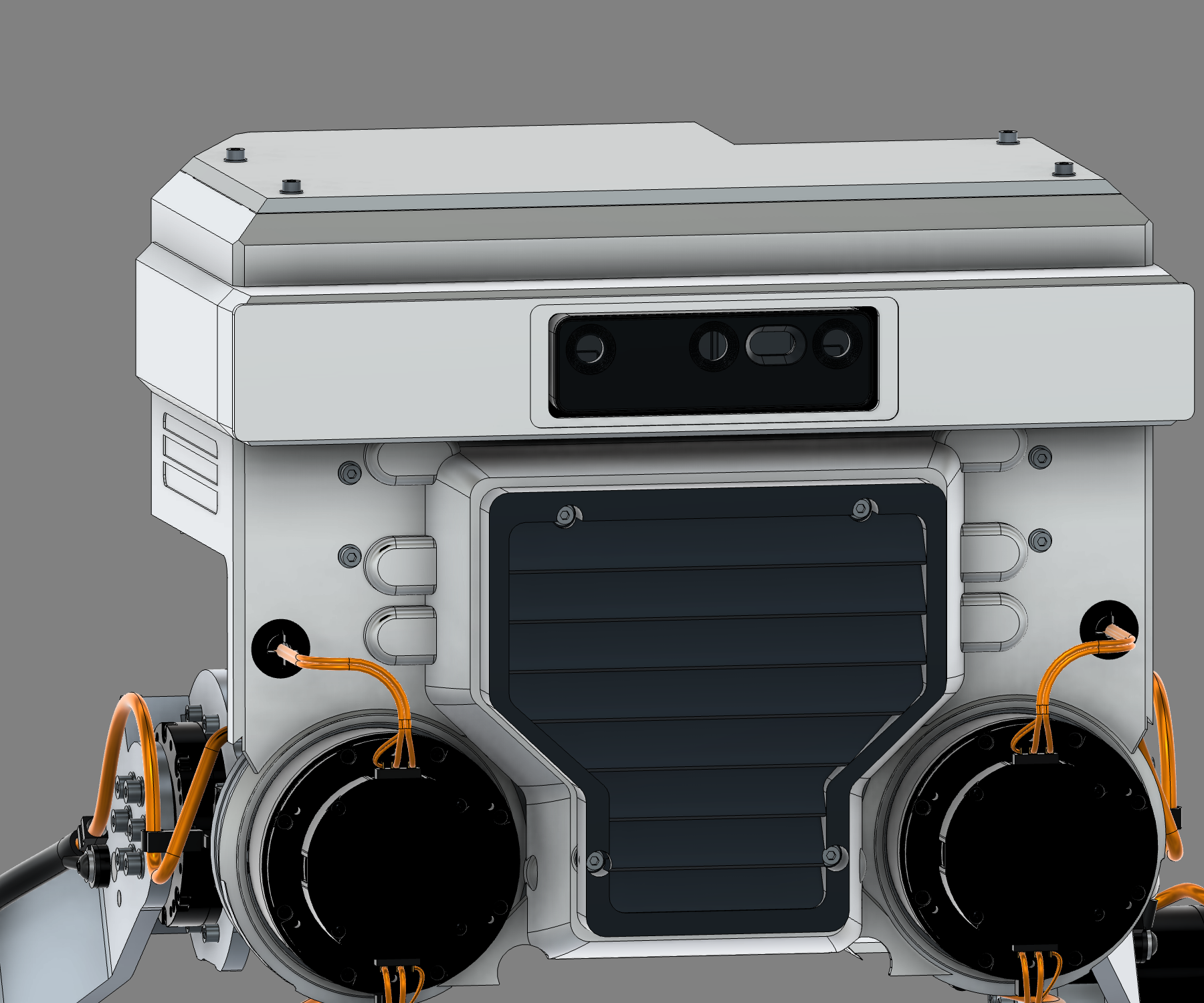 R10 enclosed OAK-D Pro W centered in the front brow above the louvered intake.