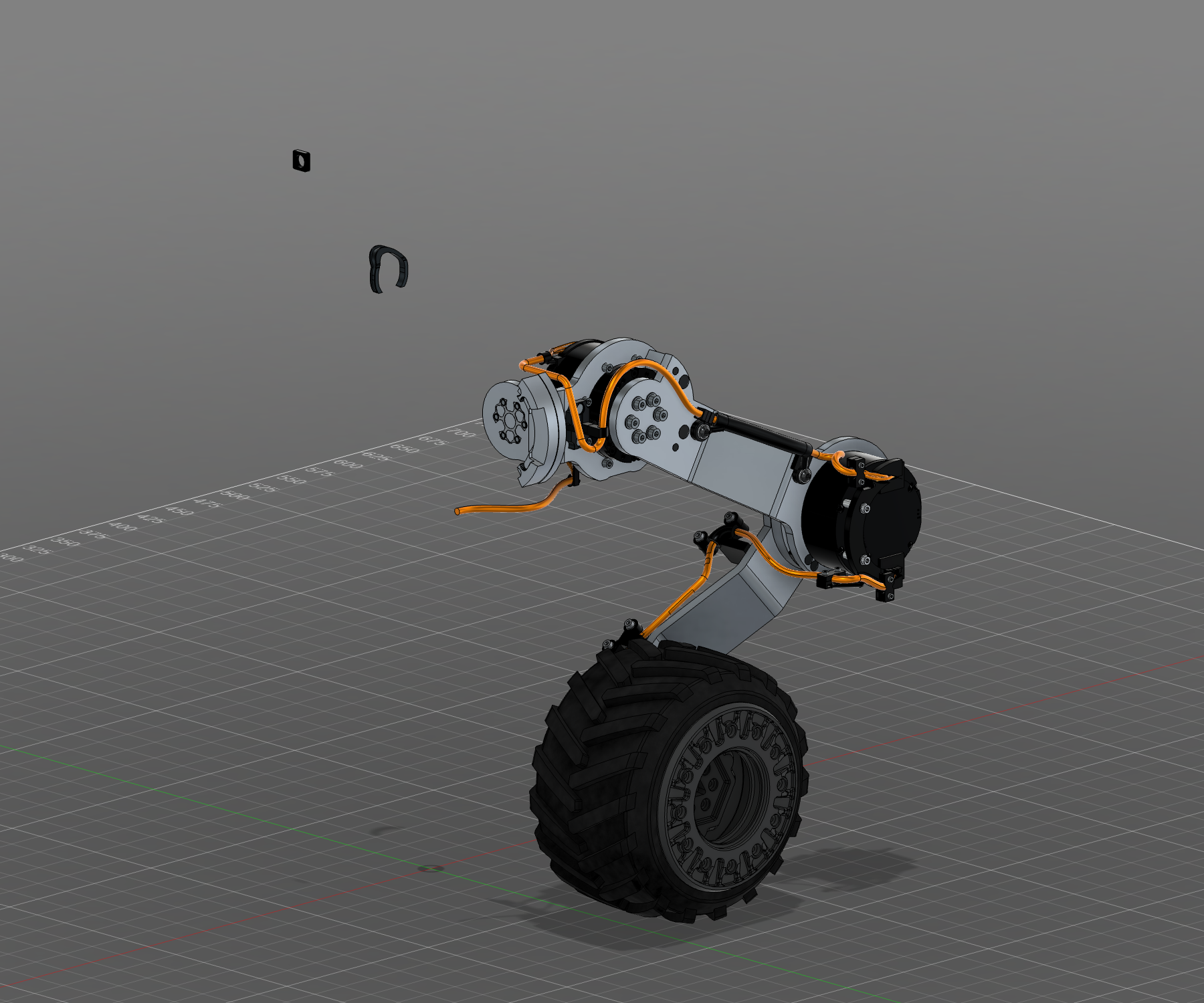 R10 isolated left-leg CAD review showing bolted cable carriers, knee protection, and orange cable routes.