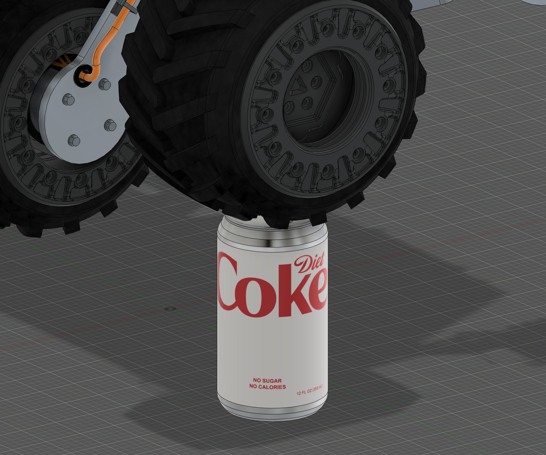 R11 tire resting on the rim of a detailed 12-ounce Diet Coke CAD presentation can.