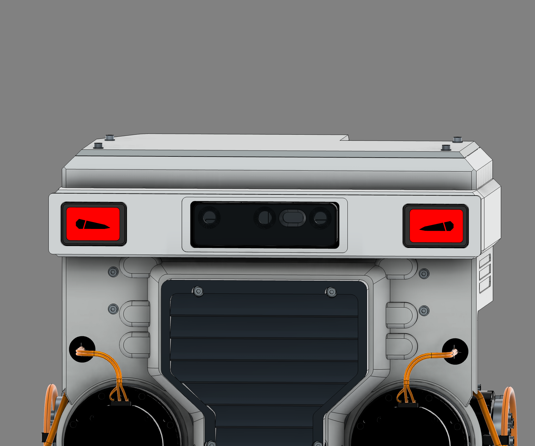 R11 native Fusion head view with two recessed red displays and black visor graphics flanking the depth camera.