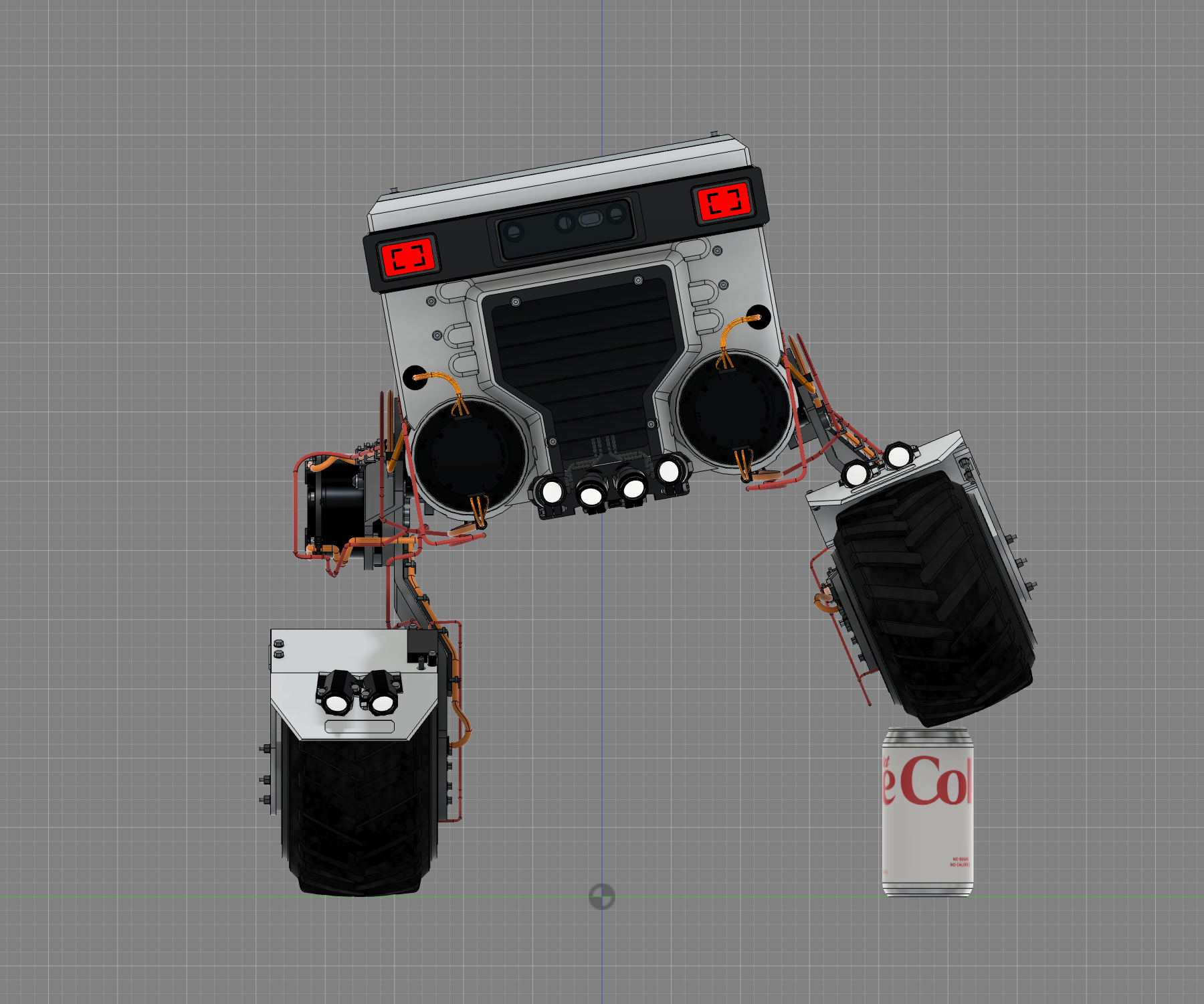 R12 front view in the lower can-reference pose, with a banked body and outward raised leg over the can.