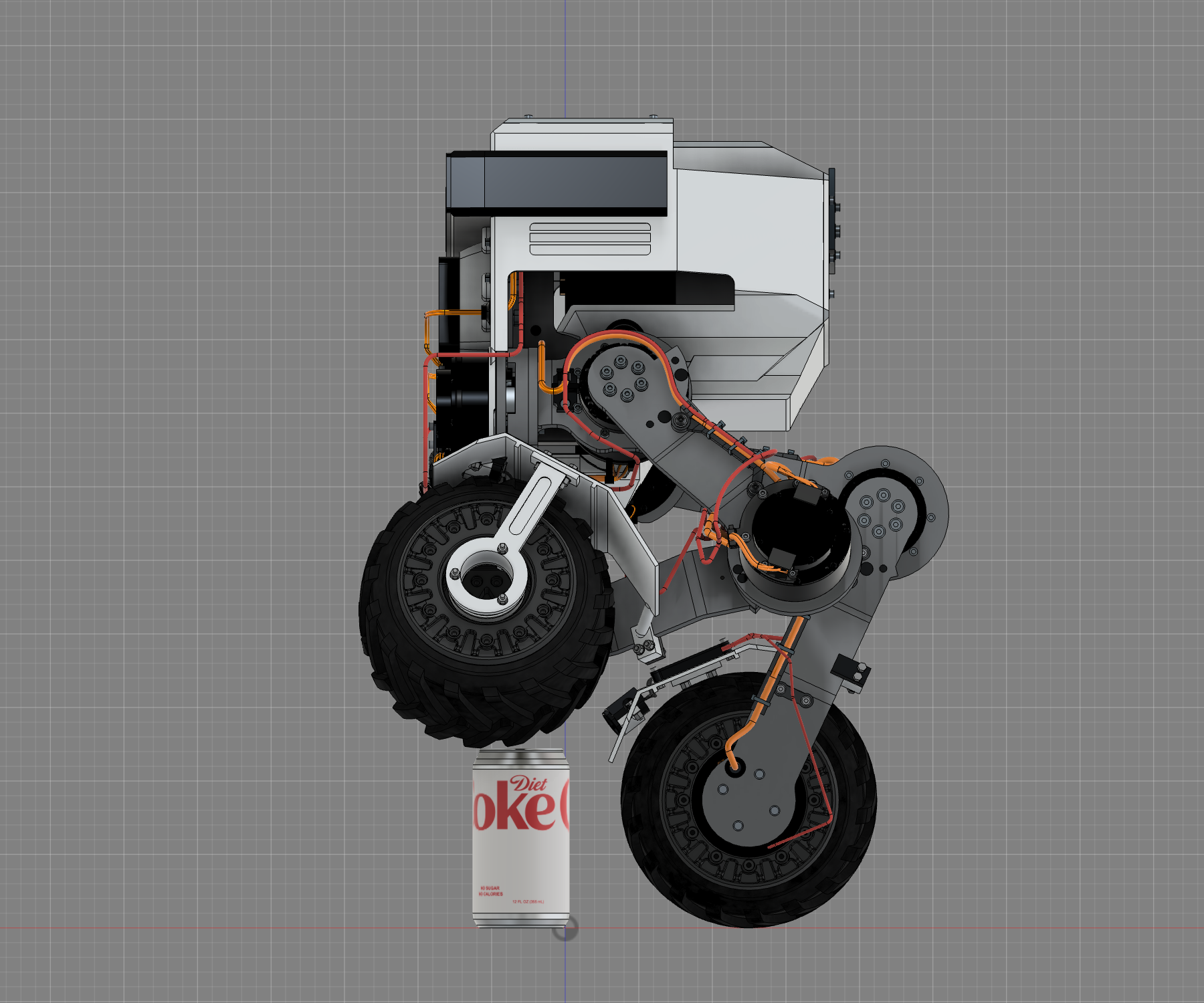 R12 native side view showing the faceted fender profile and can-reference pose with the original linked leg geometry.