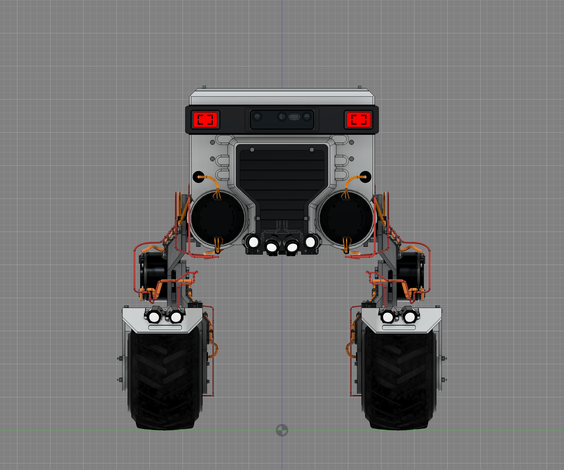 R12 native neutral front view showing Sensor brackets eyes, four chin light envelopes, and two light envelopes on each fender.