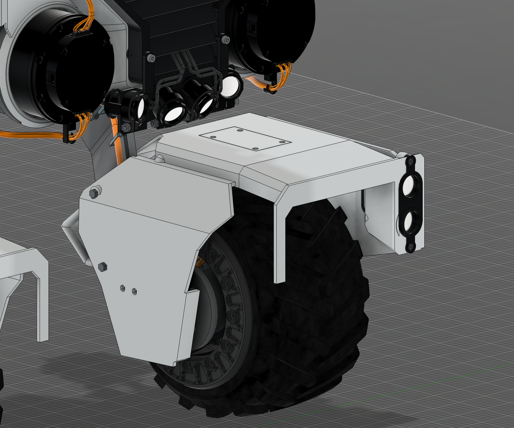 R12 version 2 inner fender view showing the tibia mounting cover and concealed short local lighting path.