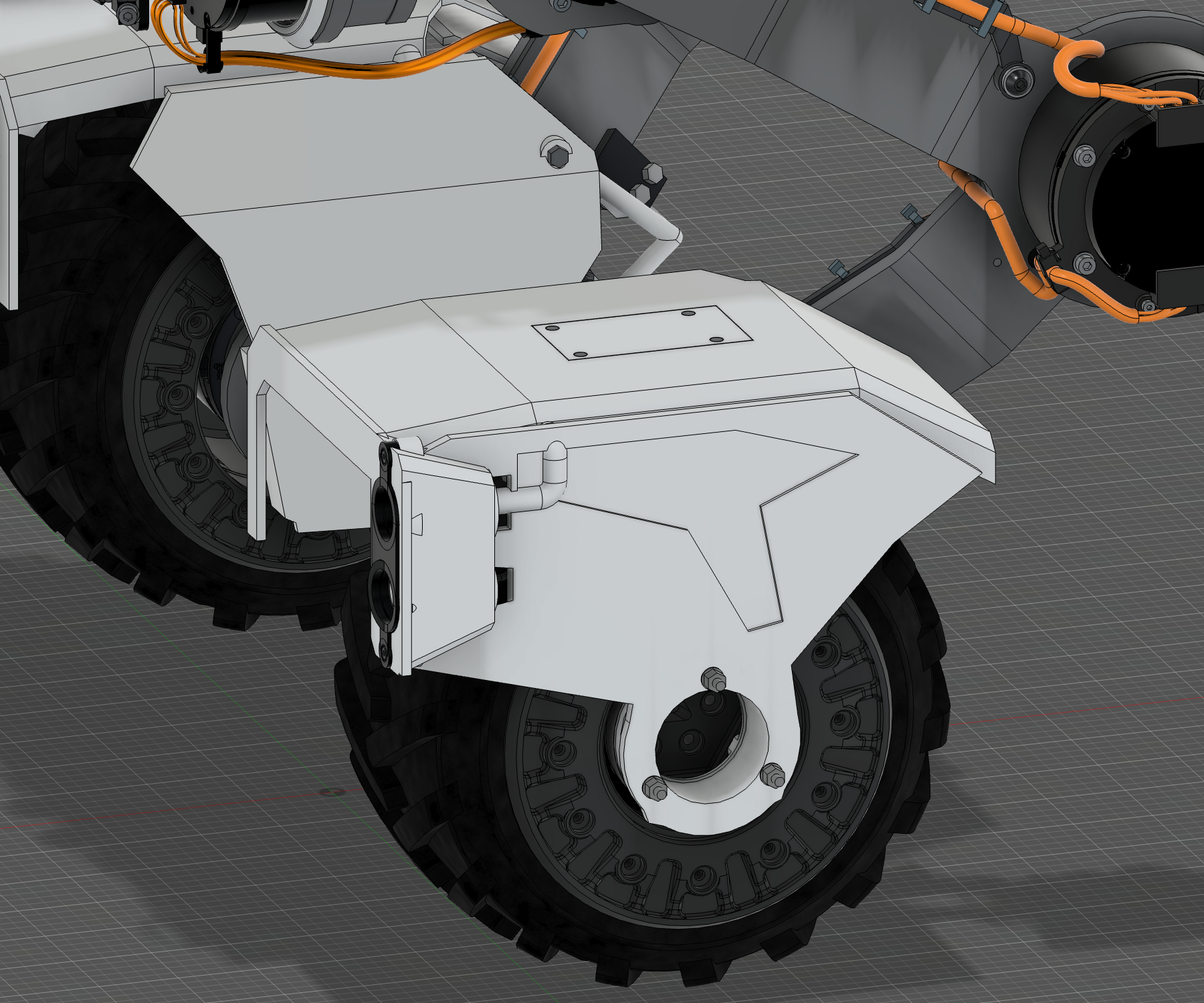 R12 version 2 outer fender detail with sculpted shroud, vertical lamp pair, flush controller lid, and outboard bearing support.