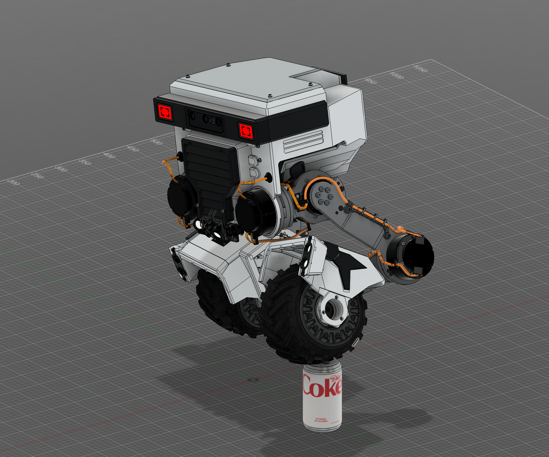 R12 · Can-reference pose / version 3 — Completed compact geometry in the preserved can presentation. The can gives a familiar scale reference; its strength and the robot’s powered balance still need physical testing.