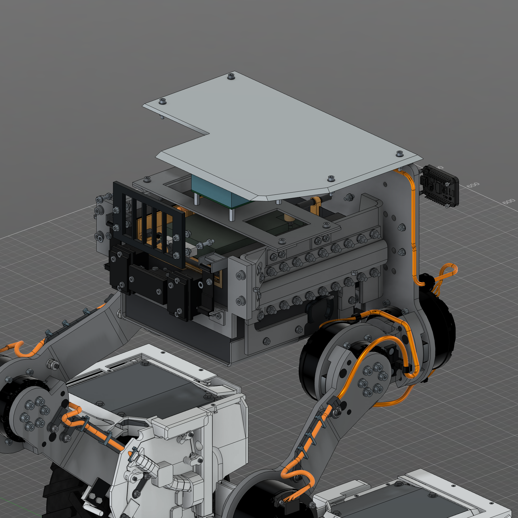 Completed R12 v5 CAD battery/chassis cutaway with exterior covers hidden for inspection; this is a visibility illustration, not physical assembly or teardown proof.