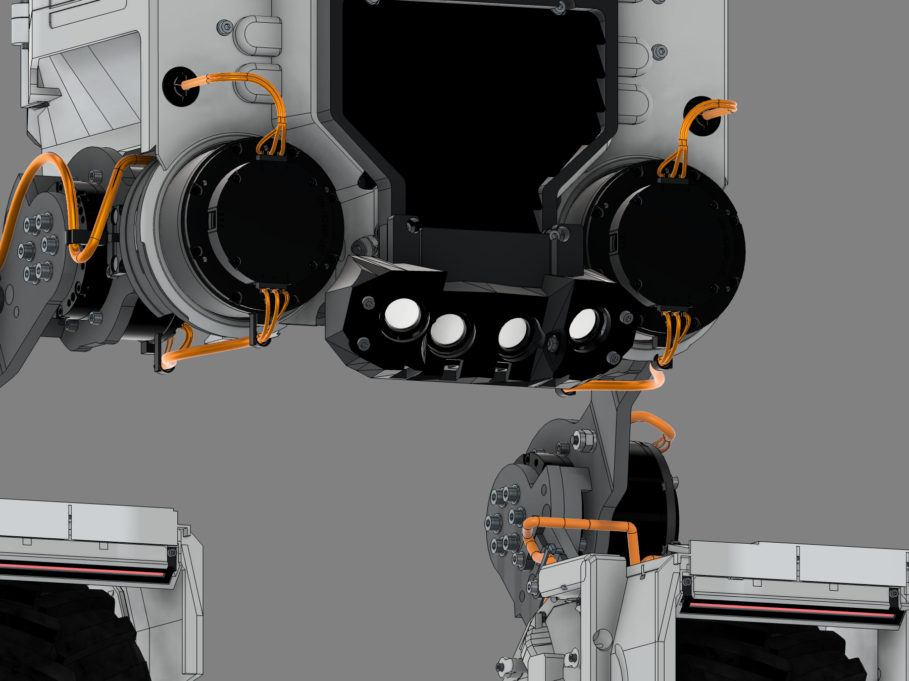 Radiused hip transitions retain the established web mounts. Four chin lamps aim 30° downward with 10° inner / 15° outer outward yaw; physical optics and attachment still require qualification.
