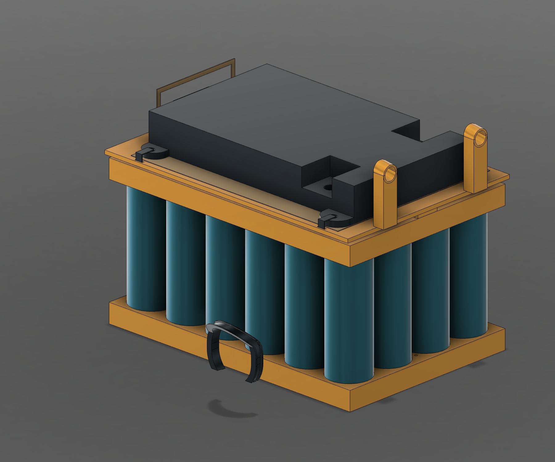 R7 battery with printed cell holders, exposed cells, nickel connections, and BMS.