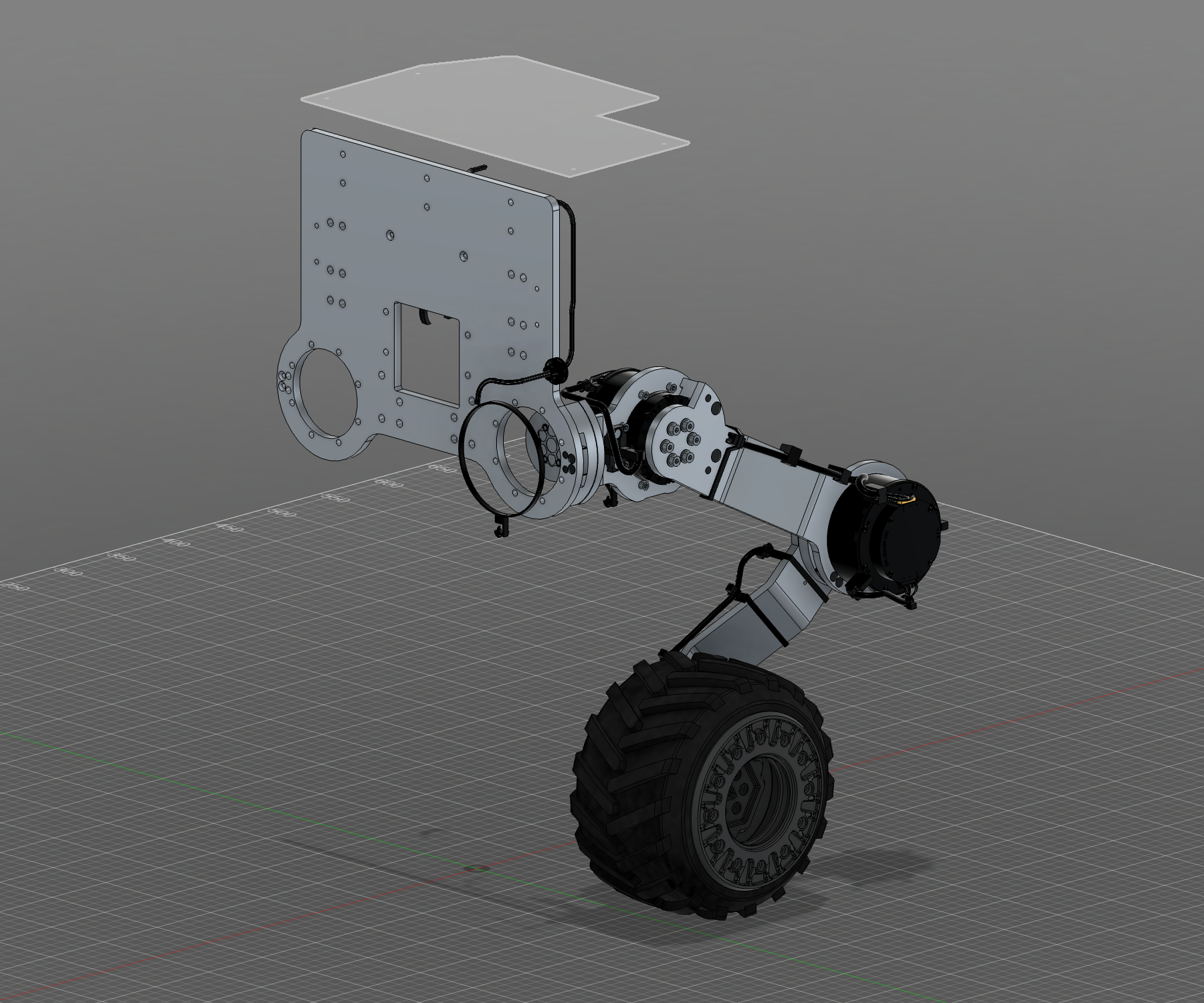 R9 left leg cutaway showing joint stop sectors, reaction features, and wiring.